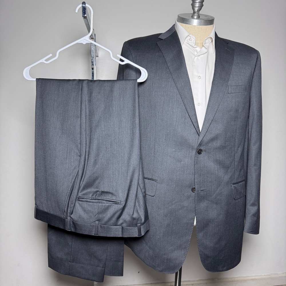 Jos. A. Bank Suit Mens 46XL W40 Charcoal Gray Herringbone Tailored Fit Wool